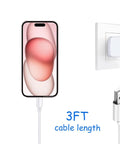 iPhone connected to white USB-C to USB-A CarPlay charging cable, 3 ft length, wall charger shown