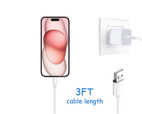 iPhone connected to white USB-C to USB-A CarPlay charging cable, 3 ft length, wall charger shown