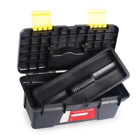 Open view of the portable 10 inch plastic toolbox with dual layer organization for electricians, carpenters, and DIY projects, black