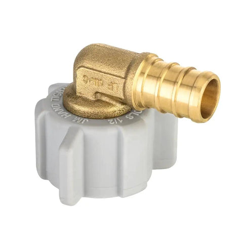 25 Pack PEX Half Inch Female NPT Swivel Elbow Brass Crimp Fittings For PEX Tubing, close-up showing brass and plastic materials