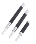Three-piece magnetic screw-drive guide drill bit tip holder extension bars with black grips and chrome ends