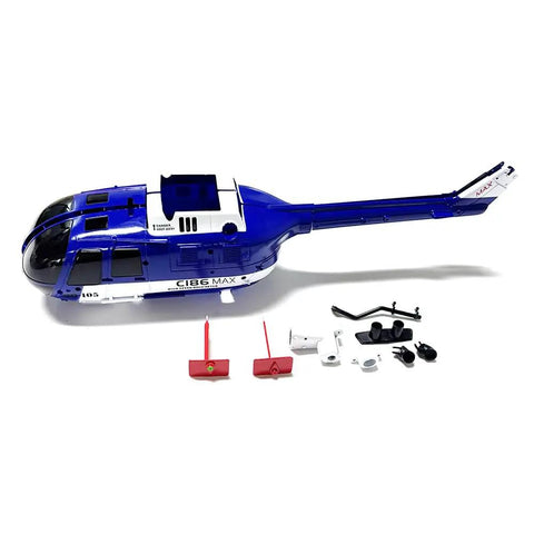 Blue Fuselage Replacement For RC Era C186 Helicopter And BO105 Style Copter shown with additional plug and play spare parts.
