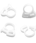 Four white snap grip plastic clamps from the Thirty Pcs Double Gripping Nylon Hose Clamps Designed For Three Eighth Inch Tubing set.
