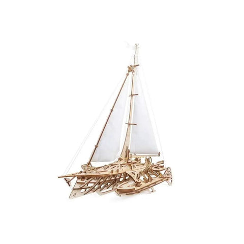 Three Dimensional Wooden Puzzle Kit for a Mechanical Trimaran Merihobus Sailboat with Realistic Rigging Winches and Hull Details Ideal for DIY Enthusiasts Gearheads and Hobbyists, wooden sailboat model