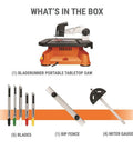 Lightweight Portable Table Saw Dishing Out Snappy Rip And Cross Cuts Without Breaking a Sweat Featuring Smooth Miter Glides And Knockout Stability For Any Job Site components including blades, rip fence, and miter gauge.