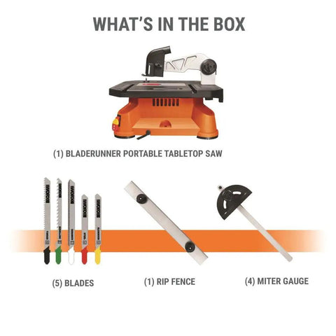 Lightweight Portable Table Saw Dishing Out Snappy Rip And Cross Cuts Without Breaking a Sweat Featuring Smooth Miter Glides And Knockout Stability For Any Job Site components including blades, rip fence, and miter gauge.