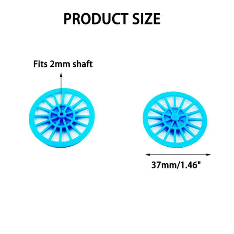 Blue vintage toy car wheels set with 2mm round shaft axles for RC cars trucks and DIY robots, 37mm diameter wheels shown