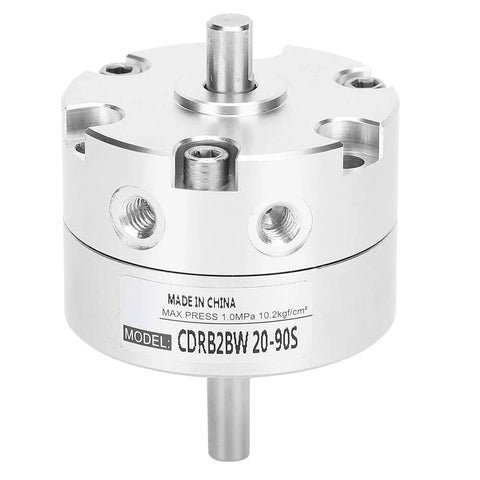Front view of a silver 20mm stainless steel pneumatic rotary actuator with central drive shaft and mounting holes.