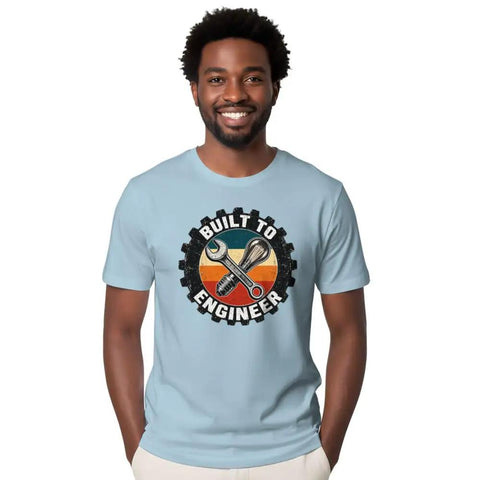 Classic Engineered Vintage Tee Featuring Gear And Lightbulb Badge For Makers And Problem Solvers With Soft 100 Cotton Fit Perfect For Garage Projects And Daily Wear on a model.