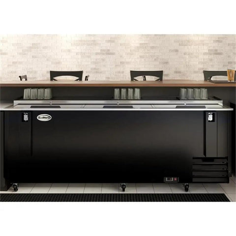 Heavy Duty Commercial Bottle Cooler, 95 Inch, 29.7 Cu Ft, Black Freestanding Drink Dispenser With Built In Opener, 3 Glass Doors, 5 Spacious Shelves, Digital Temp Control, Sick Chill Setup For Bars And Gameday Parties inside a bar setting.