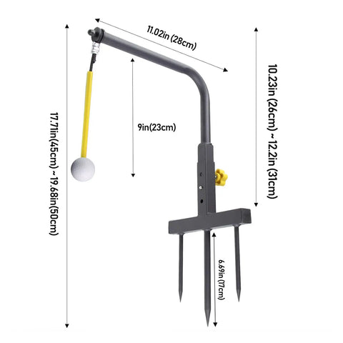 Swing Training Aid For Golfers With Adjustable Height Practice Stand showing dimensions and steel construction