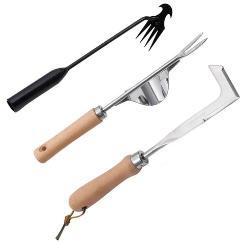 Three Pack Weed Puller Tools Set for Garden and Paver Cracks, No Fuss Grip Stainless Steel Hand Weeder, L Shape Crack Sickle, And 4 Teeth Weeder