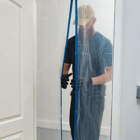 E-Z UP magnetic dust containment door kit: clear plastic doorway barrier with blue trim.