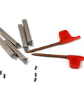 Pro Grade Mini Indexable Lathe Turning Tool Set Featuring One Quarter Inch Shank Nickel Plated Steel Holders With Five Carbide Inserts.