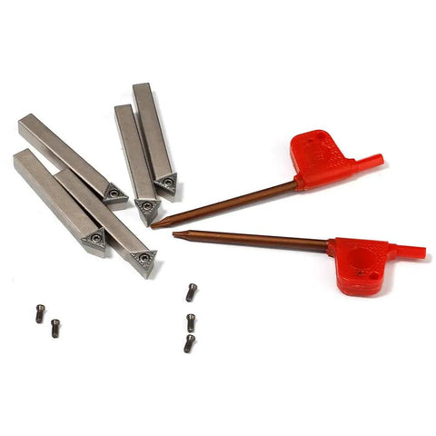 Pro Grade Mini Indexable Lathe Turning Tool Set Featuring One Quarter Inch Shank Nickel Plated Steel Holders With Five Carbide Inserts.