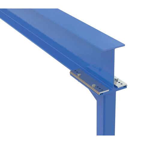 Detail of heavy duty gantry crane with 2000 lb capacity and ten by twenty foot span featuring welded steel track.