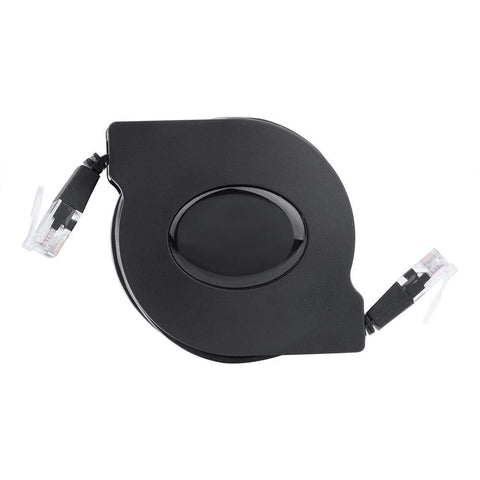 CAT6 Ethernet Cable With Retractable Flat Design, Adjustable Length RJ45 Patch Cable, black, coiled view showing connectors