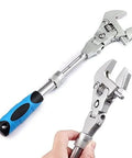 3 In 1 Adjustable Wrench With Retractable Extension Shank And 180 Degree Rotating Head Converts From 10 Inch To 12 Inch Ratcheting Crescent Wrench Tool For Tight Spaces And Quick Adjustments DIY Friendly Pro Grade Quality, showing the wrench's flexible head and design.