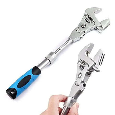 3 In 1 Adjustable Wrench With Retractable Extension Shank And 180 Degree Rotating Head Converts From 10 Inch To 12 Inch Ratcheting Crescent Wrench Tool For Tight Spaces And Quick Adjustments DIY Friendly Pro Grade Quality, showing the wrench's flexible head and design.