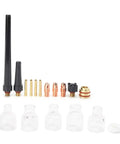 Upgrade Your Welding Game With This WP9 And WP20 Torch Consumables Kit Including Premium Glass Nozzles and Tungsten Clamps.