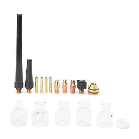 Upgrade Your Welding Game With This WP9 And WP20 Torch Consumables Kit Including Premium Glass Nozzles and Tungsten Clamps.