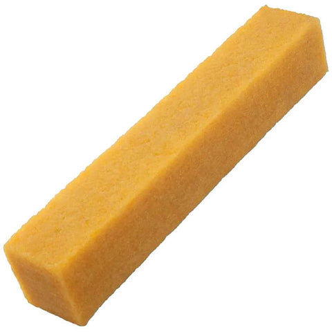 Side view of yellow abrasive eraser stick, 1-1/2 x 1-1/2 x 8 in, sanding block