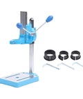 Jiawu High Capacity Electric Drill Stand Rotatable Bench Press For Wood Plastic Iron With 80mm Stroke, blue color base and accessories.