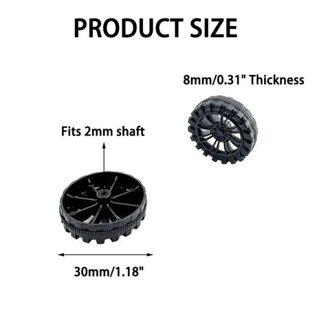 Plastic Toy Car Wheel Set With 2mm Round Shaft Axles For RC Cars Trucks And DIY Robots 30mm Black Wheels with size dimensions