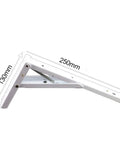 Heavy Duty Foldable White Steel Shelf Brackets angled view showing dimensions 250mm by 130mm for wall mounting support.
