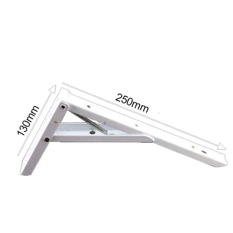 Heavy Duty Foldable White Steel Shelf Brackets angled view showing dimensions 250mm by 130mm for wall mounting support.