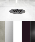 Brass Shower Drain Body With Grid Cover Plate, Four And A Quarter Inch OD Compression Fit, Matte Black Finish, Installed