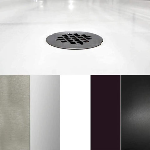Brass Shower Drain Body With Grid Cover Plate, Four And A Quarter Inch OD Compression Fit, Matte Black Finish, Installed