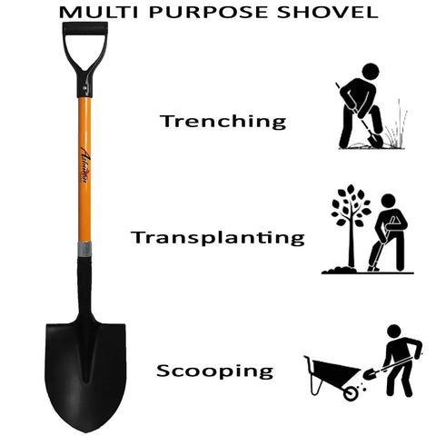 Heavy Duty Digging Shovel 41 Inch With Trenching Blade And Comfortable Handle For Garden Landscaping Construction And Masonry A Do It All Shovel For Digging Soil Dirt And Gravel with illustrated uses
