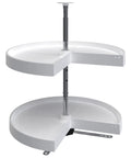 Pie Cut Dual Tier Lazy Susan Organizer for Corner Base Kitchen Cabinets White Plastic Rotating Shelves 24 Inch Wide Two Shelf Turntable Storage Easy Inside Cabinet Install for Maximum Pantry Space