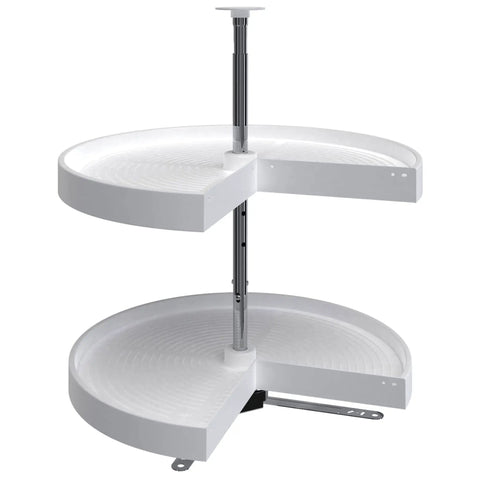 Pie Cut Dual Tier Lazy Susan Organizer for Corner Base Kitchen Cabinets White Plastic Rotating Shelves 24 Inch Wide Two Shelf Turntable Storage Easy Inside Cabinet Install for Maximum Pantry Space
