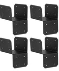 Super Sturdy Rock Solid Post Cap Tie Brackets For 4x4 Wood Decks And Joist Hangers, shown in a set of four black metal pieces