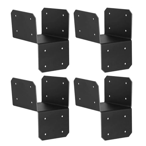 Super Sturdy Rock Solid Post Cap Tie Brackets For 4x4 Wood Decks And Joist Hangers, shown in a set of four black metal pieces