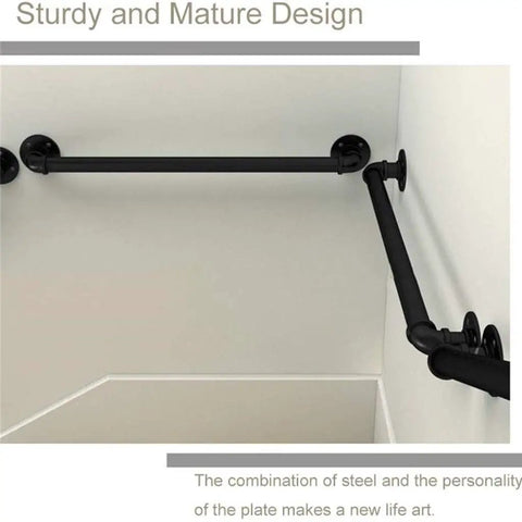 Dead Nuts Solid Retro Industrial Water Pipe Stair Banister, Top Shelf Wrought Iron Wall Handrail corner view with black iron finish.