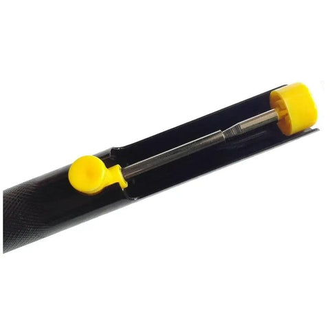 Close-up of Pro Grade Desoldering Pump Vacuum Solder Sucker Tool with black aluminum body, showing yellow plunger and nozzle.