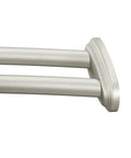 Close-up of wall fixed brackets on a brushed nickel adjustable 57 to 60 inch stainless steel double curved shower curtain rod.