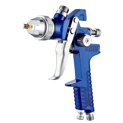 Pro Hustle Slick Finish Pneumatic Spray Gun For Automotive And Furniture Refinishing Featuring High Atomization 1.7 Nozzle And Roomy 600 Milliliter Cup For No Sweat Primer Runs, detailed view of blue spray gun.