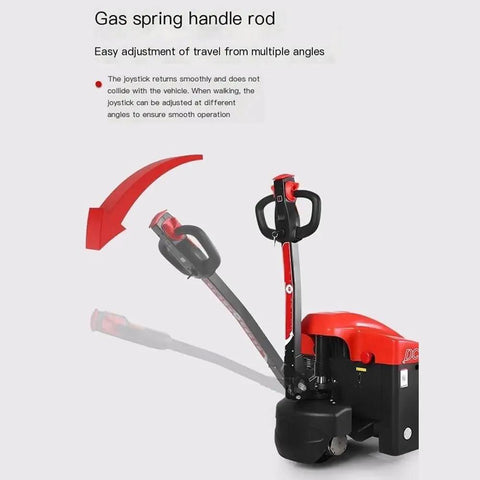 Electric Pallet Jack For Warehouse Use With Hydraulic Lift And Long Reach Forks Smooth Loading And Unloading Of Heavy Pallets Mobile Forklift Style Pallet Truck For Easy Transport, gas spring handle rod shown angled for easy steering