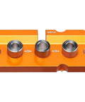 3 In 1 Aluminum Dowel Jig For Woodworking Features Built In Midpoint Alignment For Dead Center Hits showing orange body and drill holes.