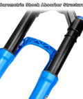 Beefed Up Front Fork For Mountain Bikes With Damping And Disc Brake Compatibility, close-up showing barometric shock absorber, blue accents