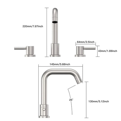 Diagram of 8 Inch Widespread Bathroom Faucet With 3 Hole Mount Two Handles Pop Up Drain CUPC Lead Free Supply Hose Ceramic Valve Core.