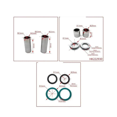 Steering Head Bearing Kit And Swingarm Maintenance Set For CR125 2002 To 2007 Motocross Dirt Bike, Includes Mount Bushing, Needle Roller Bearing, Oil Seal, Vibration Reduction Bearings, Easy Install Replacement featuring dimensions and components.