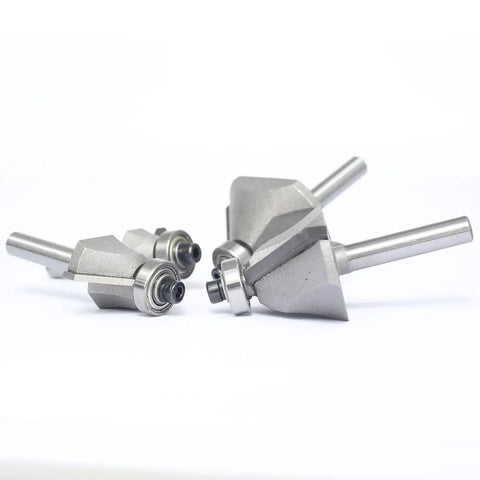Solid Four Piece Forty Five Degree Chamfer Router Bit Set For Fine Woodworking With Quarter Inch Shank Premium Carbide Cutter, angled view showing router bits.