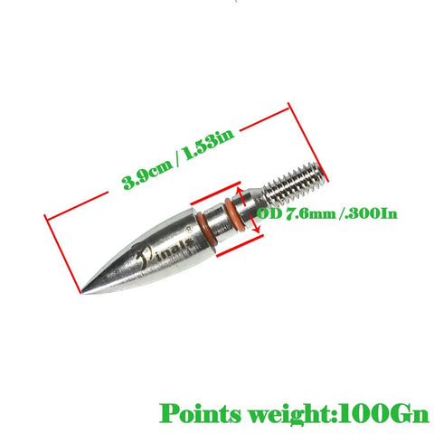 12 Pack 100 Grain Field Points With Aluminum Inserts for 6.2mm ID arrows with 8-32 thread and rubber ring, close-up view