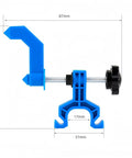 Ultra Portable Bike Wheel Truing Tool With Spoke Wrench in blue showing dimensions and components, compact rim adjustment stand.