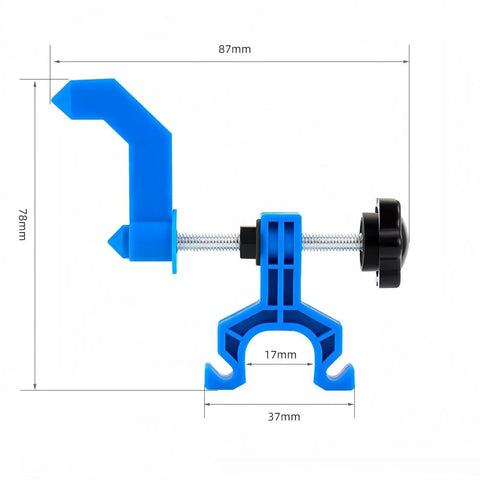 Ultra Portable Bike Wheel Truing Tool With Spoke Wrench in blue showing dimensions and components, compact rim adjustment stand.